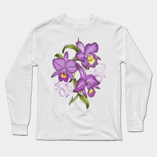 Hand drawn graphic art of orchid flowers. Long Sleeve T-Shirt